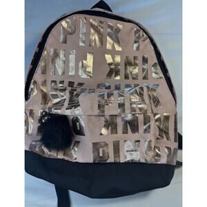 PINK Metallic Pink/Silver mini Backpack w/ Zip Adjustable Black Straps Pom Charm